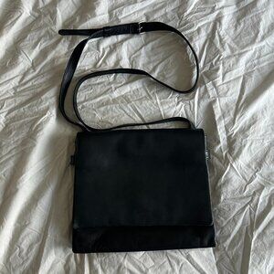 Vintage Japanese Black Leather Crossbody Flap Bag